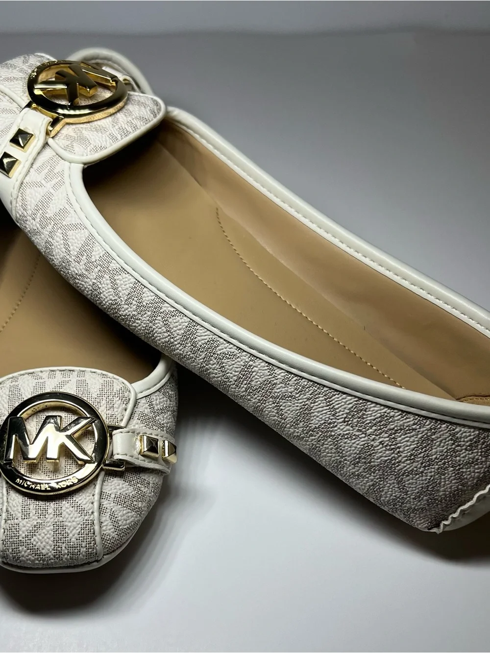 Michael Kors White Lace-Texture Ballet Flats with Gold MK Medallions